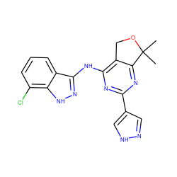 CC1(C)OCc2c(Nc3n[nH]c4c(Cl)cccc34)nc(-c3cn[nH]c3)nc21 ZINC000263620867