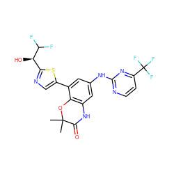 CC1(C)Oc2c(cc(Nc3nccc(C(F)(F)F)n3)cc2-c2cnc([C@@H](O)C(F)F)s2)NC1=O ZINC000169703164