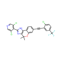 CC1(C)Oc2cc(C#Cc3cc(C(F)(F)F)ccc3Cl)ccc2-c2[nH]c(-c3c(Cl)cncc3Cl)nc21 ZINC000147822689