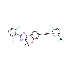 CC1(C)Oc2cc(C#Cc3cc(C(F)(F)F)ccc3F)ccc2-c2nc(-c3c(F)cccc3Cl)[nH]c21 ZINC001772579864