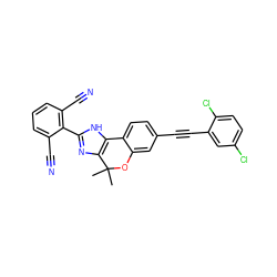 CC1(C)Oc2cc(C#Cc3cc(Cl)ccc3Cl)ccc2-c2[nH]c(-c3c(C#N)cccc3C#N)nc21 ZINC000147872083