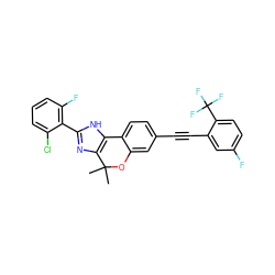 CC1(C)Oc2cc(C#Cc3cc(F)ccc3C(F)(F)F)ccc2-c2[nH]c(-c3c(F)cccc3Cl)nc21 ZINC000147850761