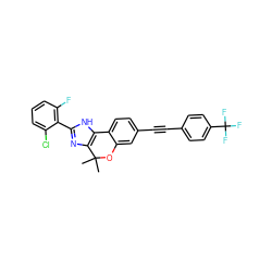 CC1(C)Oc2cc(C#Cc3ccc(C(F)(F)F)cc3)ccc2-c2[nH]c(-c3c(F)cccc3Cl)nc21 ZINC000147852108