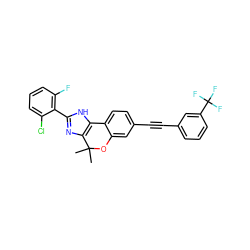 CC1(C)Oc2cc(C#Cc3cccc(C(F)(F)F)c3)ccc2-c2[nH]c(-c3c(F)cccc3Cl)nc21 ZINC000147748807