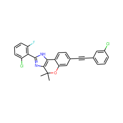 CC1(C)Oc2cc(C#Cc3cccc(Cl)c3)ccc2-c2[nH]c(-c3c(F)cccc3Cl)nc21 ZINC000147663951