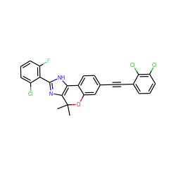 CC1(C)Oc2cc(C#Cc3cccc(Cl)c3Cl)ccc2-c2[nH]c(-c3c(F)cccc3Cl)nc21 ZINC000147875226