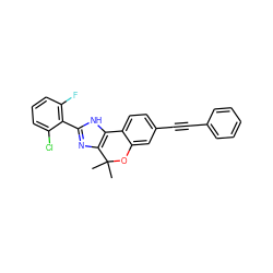 CC1(C)Oc2cc(C#Cc3ccccc3)ccc2-c2[nH]c(-c3c(F)cccc3Cl)nc21 ZINC000147852510