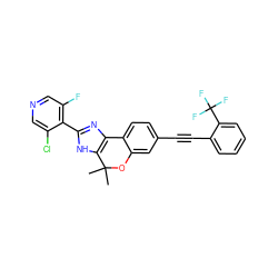 CC1(C)Oc2cc(C#Cc3ccccc3C(F)(F)F)ccc2-c2nc(-c3c(F)cncc3Cl)[nH]c21 ZINC000201619694