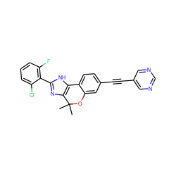 CC1(C)Oc2cc(C#Cc3cncnc3)ccc2-c2[nH]c(-c3c(F)cccc3Cl)nc21 ZINC000147801028