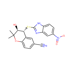 CC1(C)Oc2ccc(C#N)cc2[C@@H](Sc2nc3cc([N+](=O)[O-])ccc3[nH]2)[C@@H]1O ZINC000040379593