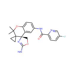 CC1(C)Oc2ccc(NC(=O)c3ccc(F)cn3)cc2[C@@]2(COC(N)=N2)C12CC2 ZINC000149419891