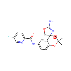 CC1(C)Oc2ccc(NC(=O)c3ccc(F)cn3)cc2[C@]2(COC(N)=N2)C12COC2 ZINC000207151241