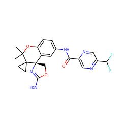 CC1(C)Oc2ccc(NC(=O)c3cnc(C(F)F)cn3)cc2[C@@]2(COC(N)=N2)C12CC2 ZINC000149360171