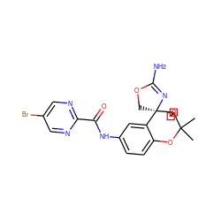 CC1(C)Oc2ccc(NC(=O)c3ncc(Br)cn3)cc2[C@]2(COC(N)=N2)C12COC2 ZINC000218407493