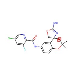 CC1(C)Oc2ccc(NC(=O)c3ncc(Cl)cc3F)cc2[C@]2(COC(N)=N2)C12COC2 ZINC000207151354