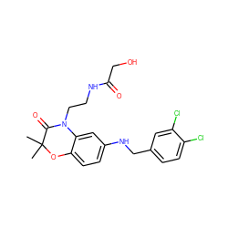 CC1(C)Oc2ccc(NCc3ccc(Cl)c(Cl)c3)cc2N(CCNC(=O)CO)C1=O ZINC000045287938