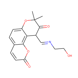 CC1(C)Oc2ccc3ccc(=O)oc3c2C(/C=N/CCO)C1=O ZINC000101673176