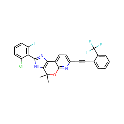 CC1(C)Oc2nc(C#Cc3ccccc3C(F)(F)F)ccc2-c2nc(-c3c(F)cccc3Cl)[nH]c21 ZINC000201627925