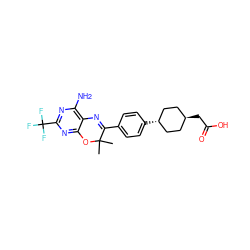 CC1(C)Oc2nc(C(F)(F)F)nc(N)c2N=C1c1ccc([C@H]2CC[C@H](CC(=O)O)CC2)cc1 ZINC000261084927