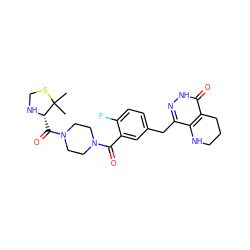 CC1(C)SCN[C@H]1C(=O)N1CCN(C(=O)c2cc(Cc3n[nH]c(=O)c4c3NCCC4)ccc2F)CC1 ZINC000140532115