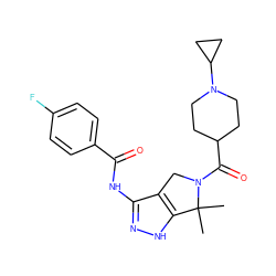 CC1(C)c2[nH]nc(NC(=O)c3ccc(F)cc3)c2CN1C(=O)C1CCN(C2CC2)CC1 ZINC000045392142