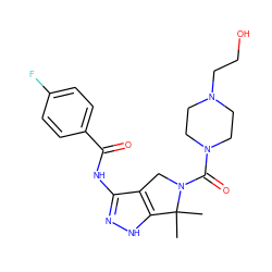 CC1(C)c2[nH]nc(NC(=O)c3ccc(F)cc3)c2CN1C(=O)N1CCN(CCO)CC1 ZINC000045392086