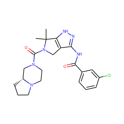 CC1(C)c2[nH]nc(NC(=O)c3cccc(Cl)c3)c2CN1C(=O)N1CCN2CCC[C@@H]2C1 ZINC000114194111