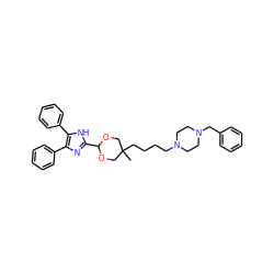 CC1(CCCCN2CCN(Cc3ccccc3)CC2)COC(c2nc(-c3ccccc3)c(-c3ccccc3)[nH]2)OC1 ZINC000029221171