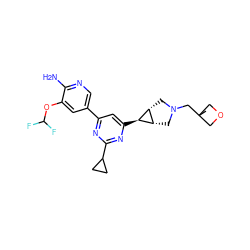 CC1(CN2C[C@H]3[C@@H](C2)[C@@H]3c2cc(-c3cnc(N)c(OC(F)F)c3)nc(C3CC3)n2)COC1 ZINC000653671221