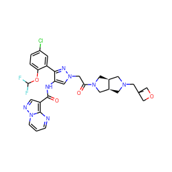 CC1(CN2C[C@H]3CN(C(=O)Cn4cc(NC(=O)c5cnn6cccnc56)c(-c5cc(Cl)ccc5OC(F)F)n4)C[C@H]3C2)COC1 ZINC001772588368