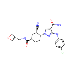 CC1(CNC(=O)[C@@H]2CC[C@@H](n3cc(C(N)=O)c(Nc4ccc(Cl)cc4)n3)[C@H](C#N)C2)COC1 ZINC000221864205