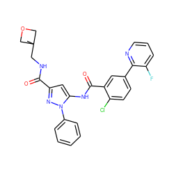 CC1(CNC(=O)c2cc(NC(=O)c3cc(-c4ncccc4F)ccc3Cl)n(-c3ccccc3)n2)COC1 ZINC001772634205