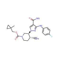 CC1(COC(=O)N2CC[C@@H](C#N)[C@H](n3cc(C(N)=O)c(Nc4ccc(F)cc4)n3)C2)CC1 ZINC000220715321