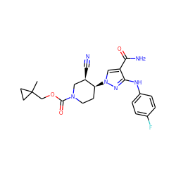 CC1(COC(=O)N2CC[C@H](n3cc(C(N)=O)c(Nc4ccc(F)cc4)n3)[C@H](C#N)C2)CC1 ZINC000220662617