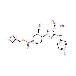 CC1(COC(=O)N2CC[C@H](n3cc(C(N)=O)c(Nc4ccc(F)cc4)n3)[C@H](C#N)C2)COC1 ZINC000220661395