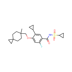 CC1(COc2cc(F)c(C(=O)NS(=O)(=O)C3CC3)cc2C2CC2)CCC2(CC1)CC2 ZINC000218555972
