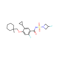 CC1(COc2cc(F)c(C(=O)NS(=O)(=O)N3CC(F)C3)cc2C2CC2)CCCCC1 ZINC000225208678