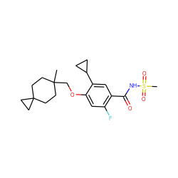 CC1(COc2cc(F)c(C(=O)NS(C)(=O)=O)cc2C2CC2)CCC2(CC1)CC2 ZINC000216247691