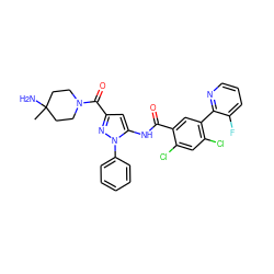 CC1(N)CCN(C(=O)c2cc(NC(=O)c3cc(-c4ncccc4F)c(Cl)cc3Cl)n(-c3ccccc3)n2)CC1 ZINC001772603572