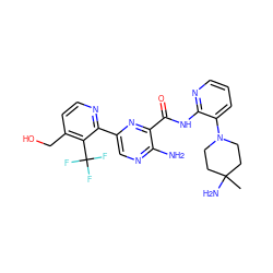 CC1(N)CCN(c2cccnc2NC(=O)c2nc(-c3nccc(CO)c3C(F)(F)F)cnc2N)CC1 ZINC001772573212