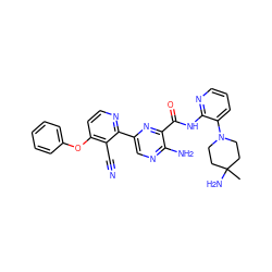 CC1(N)CCN(c2cccnc2NC(=O)c2nc(-c3nccc(Oc4ccccc4)c3C#N)cnc2N)CC1 ZINC001772595633