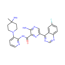 CC1(N)CCN(c2cccnc2NC(=O)c2nc(-c3ncnc4ccc(F)cc34)cnc2N)CC1 ZINC001772585366