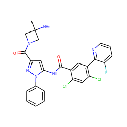 CC1(N)CN(C(=O)c2cc(NC(=O)c3cc(-c4ncccc4F)c(Cl)cc3Cl)n(-c3ccccc3)n2)C1 ZINC001772603323