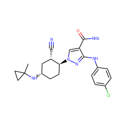 CC1(N[C@H]2CC[C@H](n3cc(C(N)=O)c(Nc4ccc(Cl)cc4)n3)[C@@H](C#N)C2)CC1 ZINC000222978658