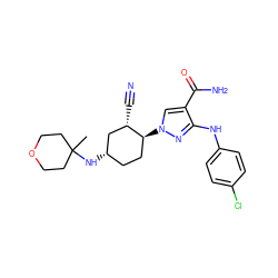 CC1(N[C@H]2CC[C@H](n3cc(C(N)=O)c(Nc4ccc(Cl)cc4)n3)[C@@H](C#N)C2)CCOCC1 ZINC000222981849