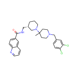 CC1(N2CCC[C@@H](CNC(=O)c3ccc4ncccc4c3)C2)CCN(Cc2ccc(Cl)c(Cl)c2)CC1 ZINC000028470613