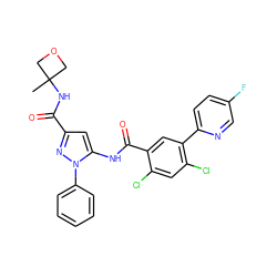 CC1(NC(=O)c2cc(NC(=O)c3cc(-c4ccc(F)cn4)c(Cl)cc3Cl)n(-c3ccccc3)n2)COC1 ZINC001772625935