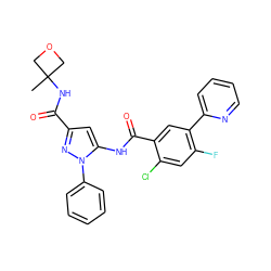 CC1(NC(=O)c2cc(NC(=O)c3cc(-c4ccccn4)c(F)cc3Cl)n(-c3ccccc3)n2)COC1 ZINC001772636255