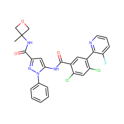 CC1(NC(=O)c2cc(NC(=O)c3cc(-c4ncccc4F)c(Cl)cc3Cl)n(-c3ccccc3)n2)COC1 ZINC001772589681