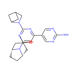 CC1(O)C[C@@H]2CC[C@H](C1)N2c1cc(-c2cnc(N)nc2)nc(N2CC3CC2C3)n1 ZINC000221256844